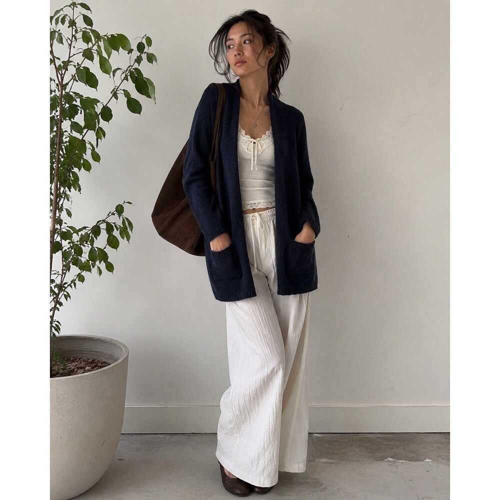 Wooden Ships Navy Mohair Wool Blend Open Front Cardigan XS/S Longline